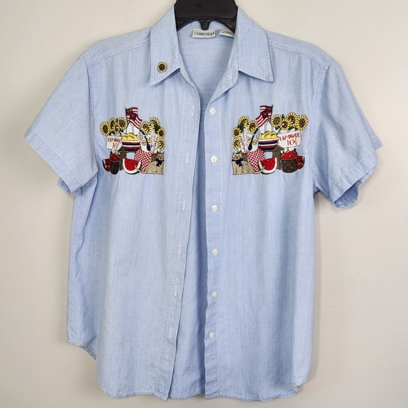 Cabin Creek Blouse Womens PMed Chambray Embroidered Short Sleeves Cat lady - Picture 3 of 8